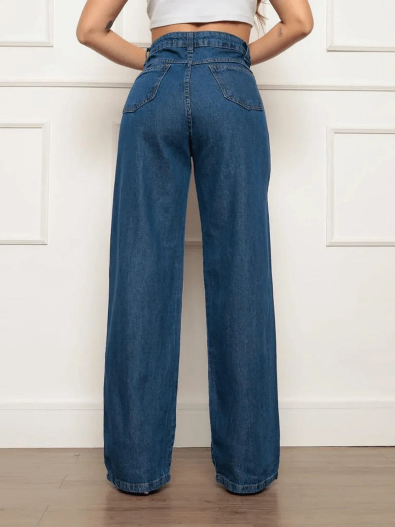 Calça Wide Leg Pantalona Jeans Feminina Cintura Alta Levanta Bumbum