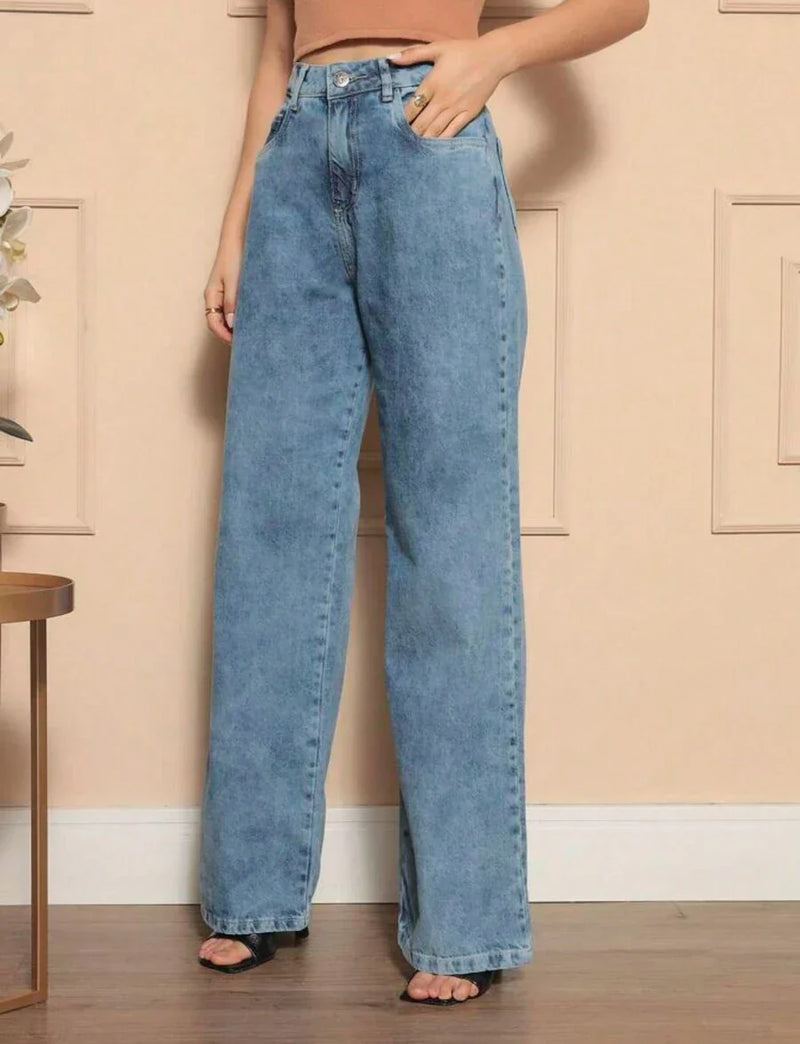 Calça Wide Leg Pantalona Jeans Feminina Cintura Alta Levanta Bumbum