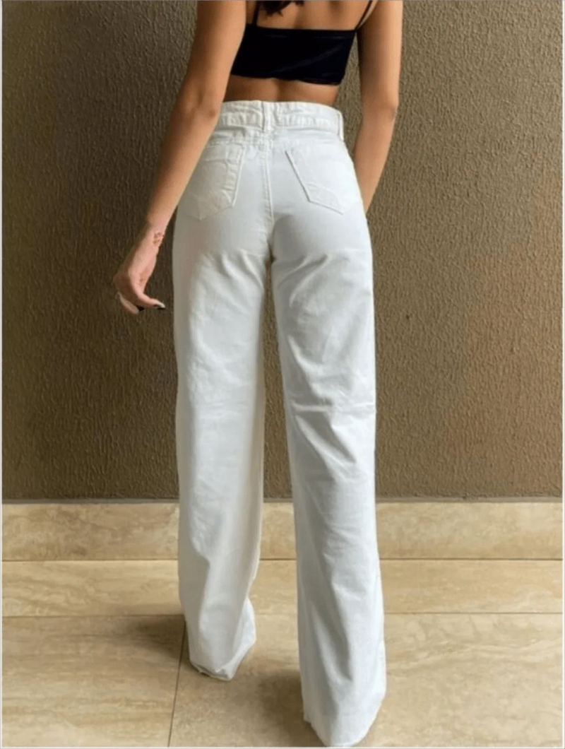 Calça Wide Leg Pantalona Jeans Feminina Cintura Alta Levanta Bumbum