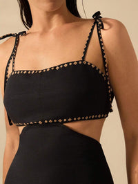 CAJUNI Vestido Boho Feminino Estampa de Árvore de Banana, Vestido Preto Casual de Verão com Amarração Oca na Cintura Sem Mangas, Vestido Casual de Férias