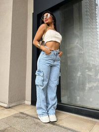 Calça Wide Leg Cargo Jeans Calça bolso fofu Feminina Moda Street Tecido Algodão Premium LANÇAMENTO