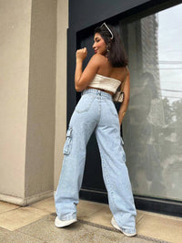 Calça Wide Leg Cargo Jeans Calça bolso fofu Feminina Moda Street Tecido Algodão Premium LANÇAMENTO