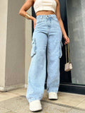 Calça Wide Leg Cargo Jeans Calça bolso fofu Feminina Moda Street Tecido Algodão Premium LANÇAMENTO