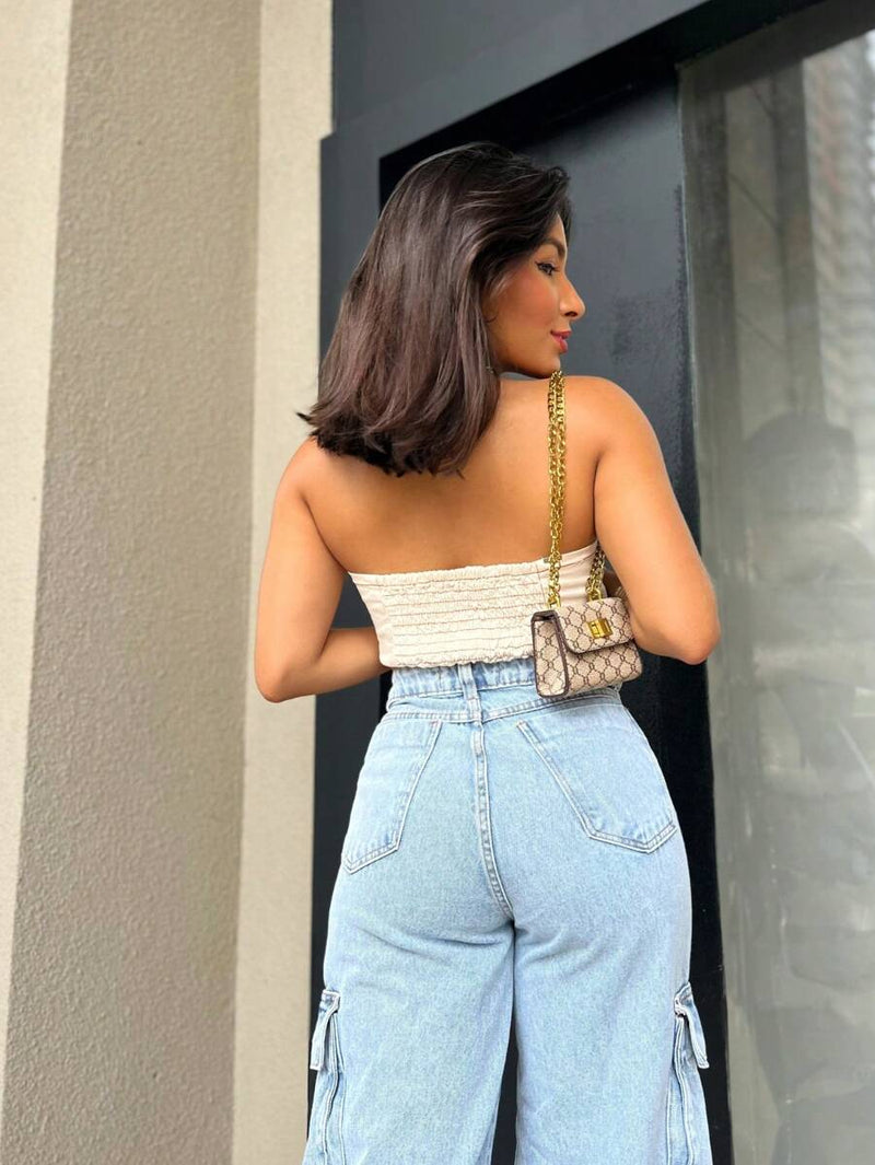 Calça Wide Leg Cargo Jeans Calça bolso fofu Feminina Moda Street Tecido Algodão Premium LANÇAMENTO