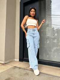Calça Wide Leg Cargo Jeans Calça bolso fofu Feminina Moda Street Tecido Algodão Premium LANÇAMENTO