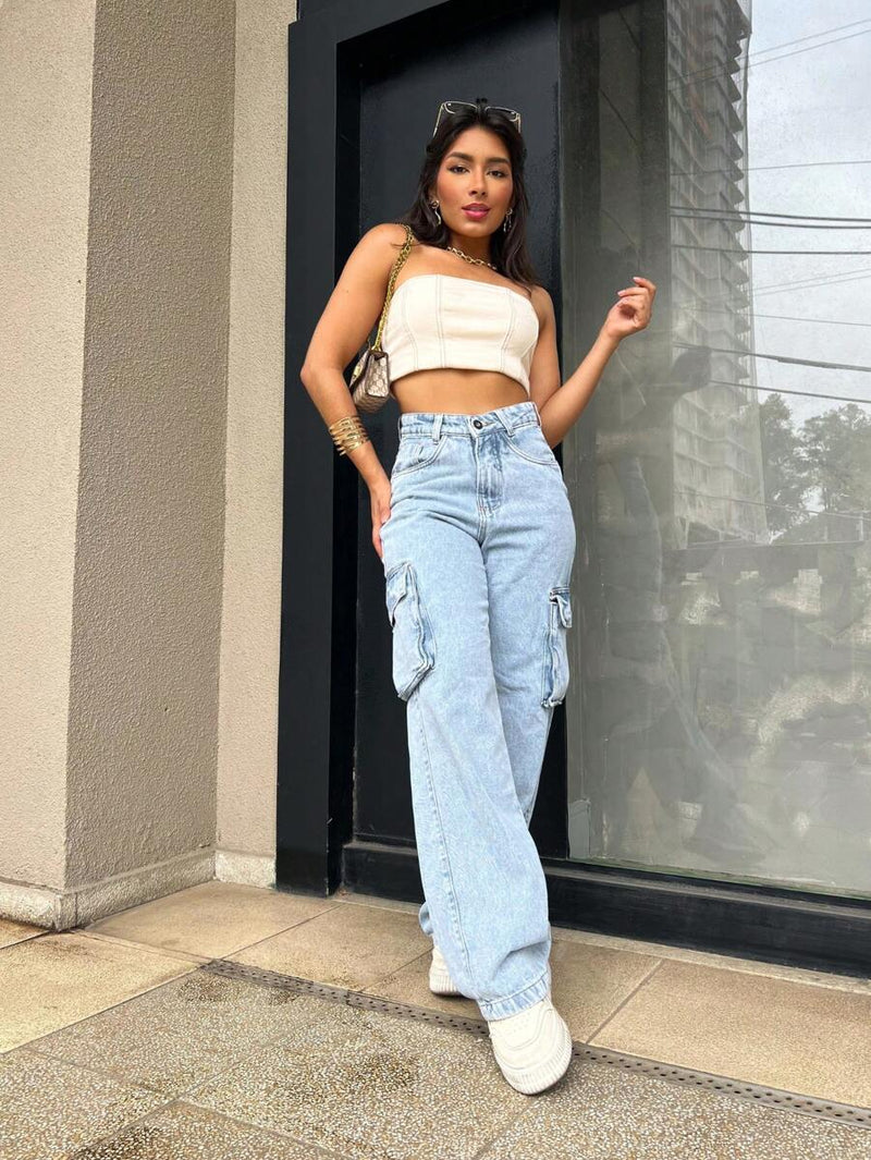 Calça Wide Leg Cargo Jeans Calça bolso fofu Feminina Moda Street Tecido Algodão Premium LANÇAMENTO