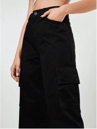 Calça Jeans Feminina Wide Leg Cargo Cintura Alta Tecido Grosso Pantalona Linha