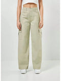 Calça Jeans Feminina Wide Leg Cargo Cintura Alta Tecido Grosso Pantalona Linha