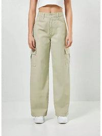 Calça Jeans Feminina Wide Leg Cargo Cintura Alta Tecido Grosso Pantalona Linha