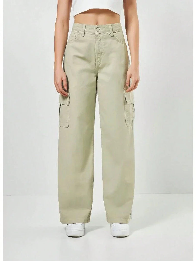 Calça Jeans Feminina Wide Leg Cargo Cintura Alta Tecido Grosso Pantalona Linha