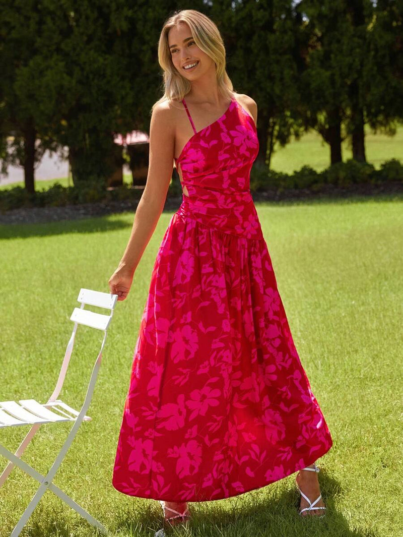 SHEIN VCAY Vestido impressão floral um ombro cintura oca bainha com babado