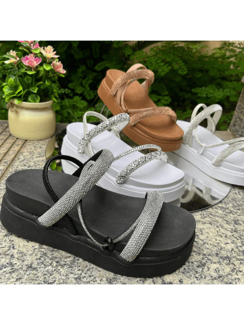 Papete Sandália Feminina Elastico Plataforma Alta confortável Strass Cobrinha Brilho Branca Luxo Caramelo Brilhante