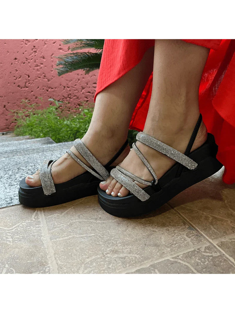 Papete Sandália Feminina Elastico Plataforma Alta confortável Strass Cobrinha Brilho Branca Luxo Caramelo Brilhante