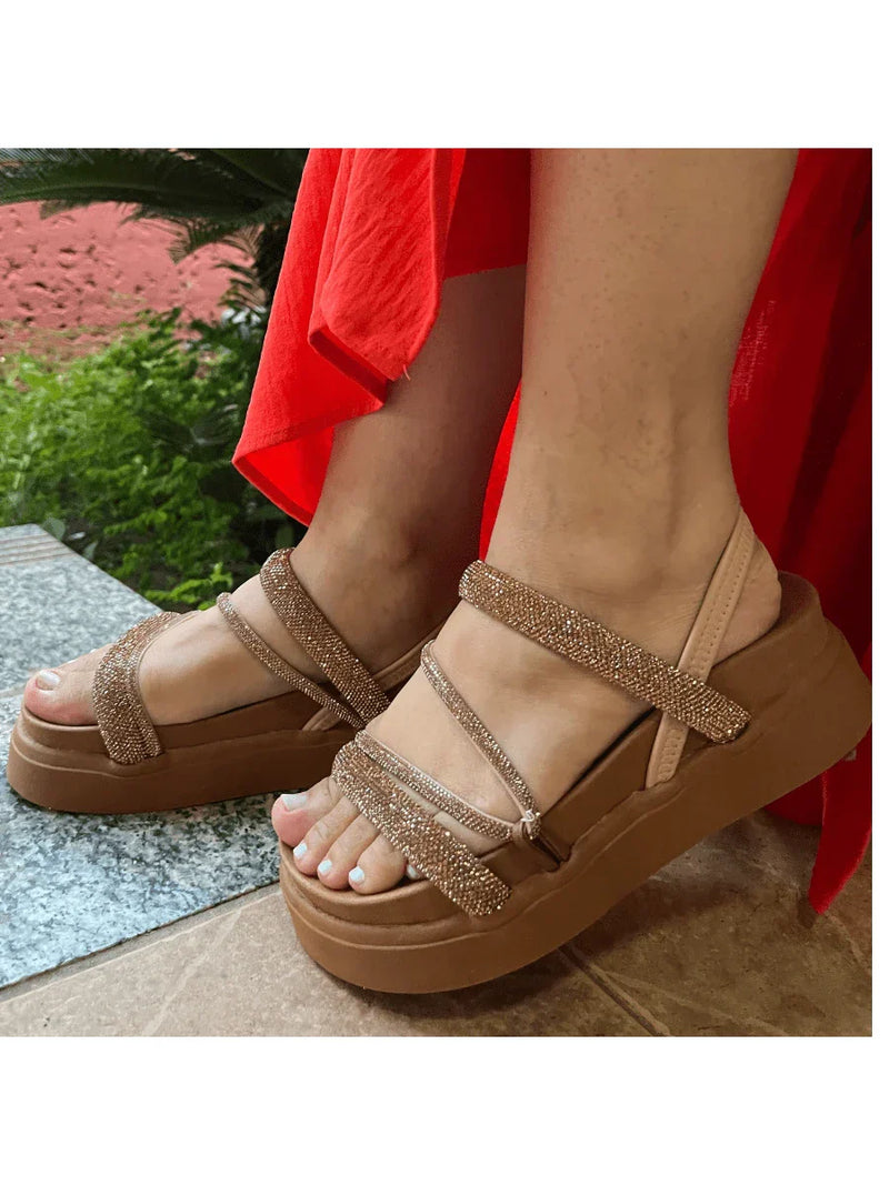 Papete Sandália Feminina Elastico Plataforma Alta confortável Strass Cobrinha Brilho Branca Luxo Caramelo Brilhante