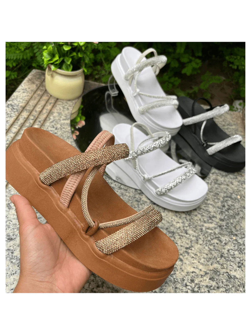 Papete Sandália Feminina Elastico Plataforma Alta confortável Strass Cobrinha Brilho Branca Luxo Caramelo Brilhante