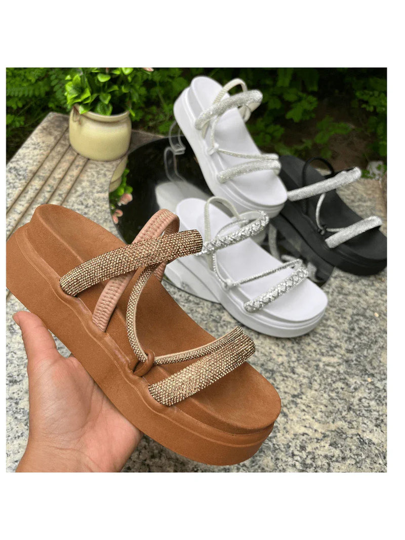 Papete Sandália Feminina Elastico Plataforma Alta confortável Strass Cobrinha Brilho Branca Luxo Caramelo Brilhante