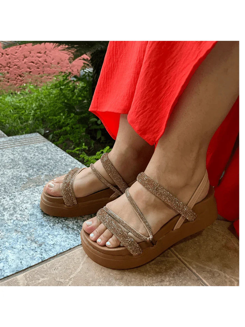 Papete Sandália Feminina Elastico Plataforma Alta confortável Strass Cobrinha Brilho Branca Luxo Caramelo Brilhante