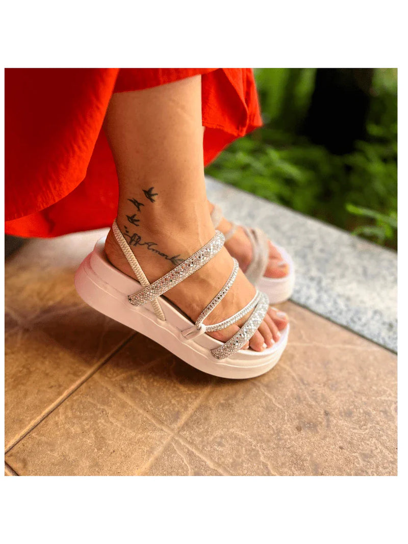 Papete Sandália Feminina Elastico Plataforma Alta confortável Strass Cobrinha Brilho Branca Luxo Caramelo Brilhante