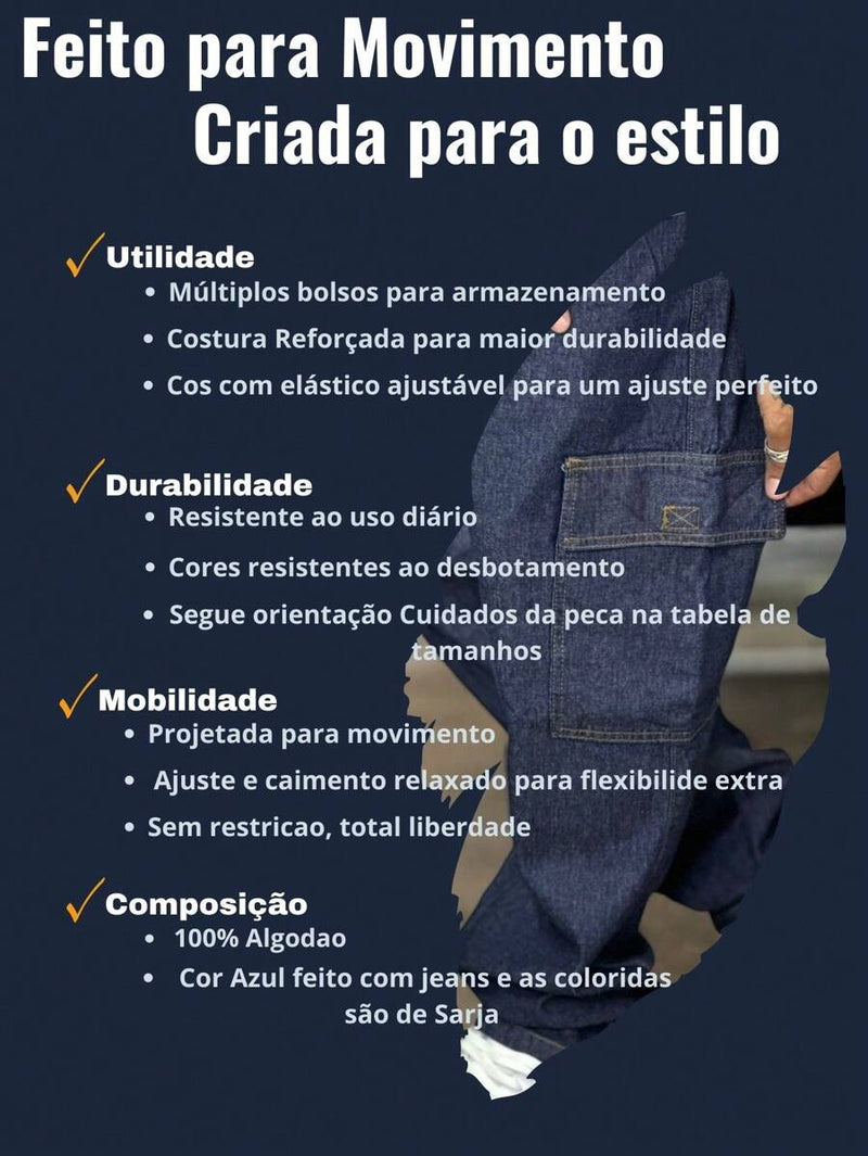 Calça Masculina Cargo Denim Escura Cos Elástico Cordão Skatista Militar Trilha