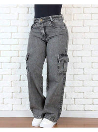 Calça Jeans Feminina Wide Leg Cargo Cintura Alta Tecido Grosso Pantalona Linha