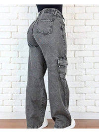 Calça Jeans Feminina Wide Leg Cargo Cintura Alta Tecido Grosso Pantalona Linha