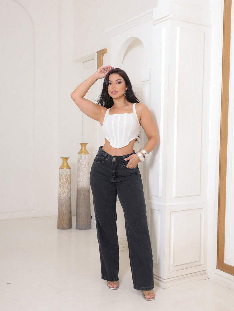 Calça Jeans Feminina Pantalona Wide Leg 100% Jeans Boca Larga Gaven Tecido Grosso Premium Boca de Sino