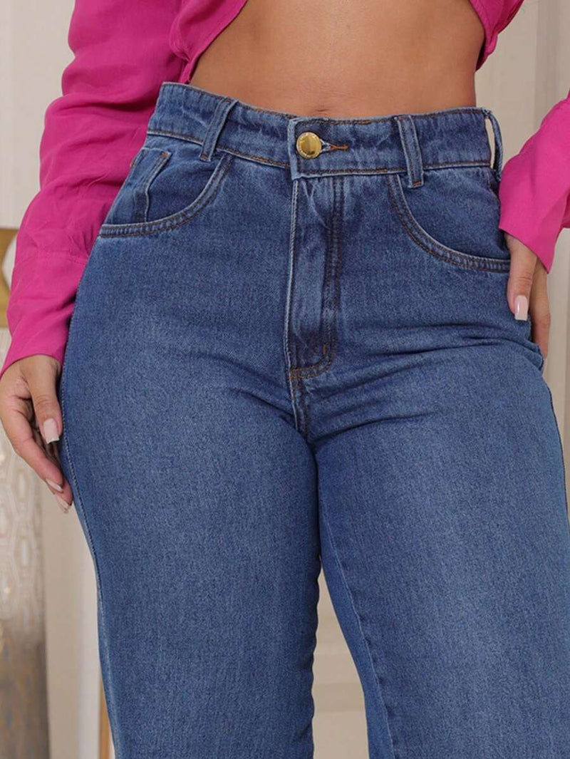 Calça Jeans Feminina Wide Leg Tecido 100% Jeans Cintura Alta Na Promoção