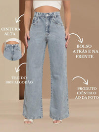 Calça Jeans Feminina Wide Leg Tecido 100% Jeans Cintura Alta Na Promoção