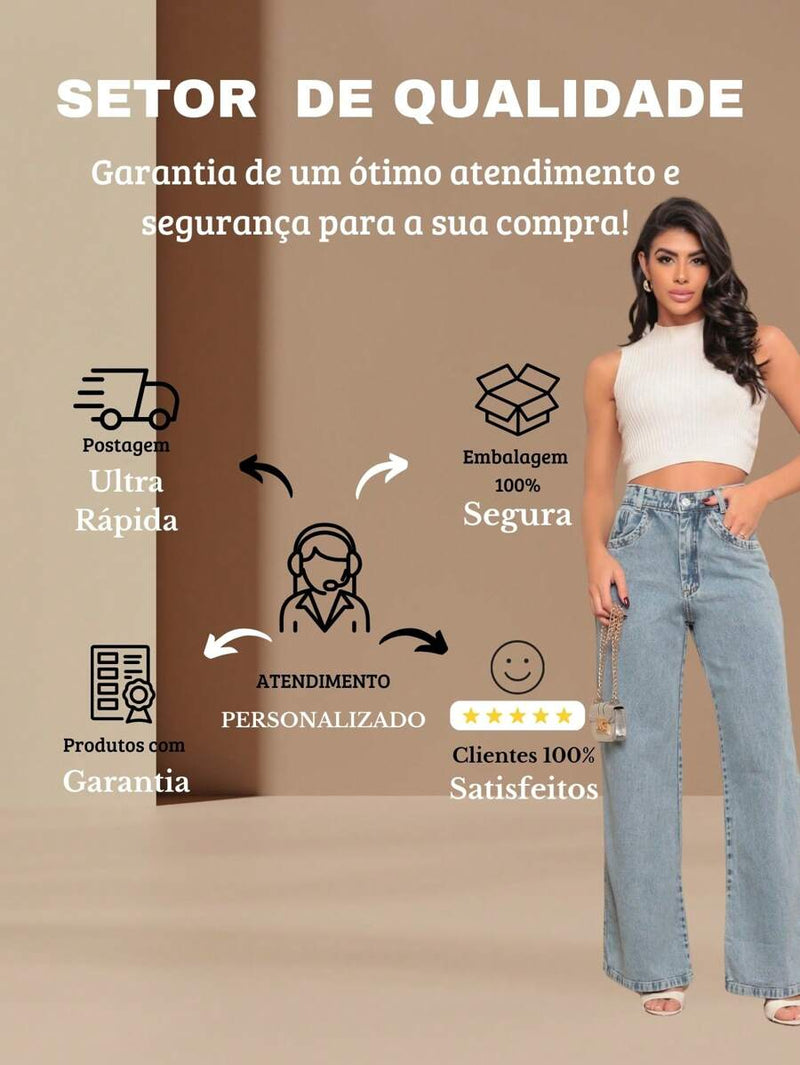Calça Jeans Feminina Wide Leg Tecido 100% Jeans Cintura Alta Na Promoção