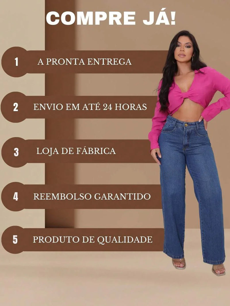 Calça Jeans Feminina Wide Leg Tecido 100% Jeans Cintura Alta Na Promoção