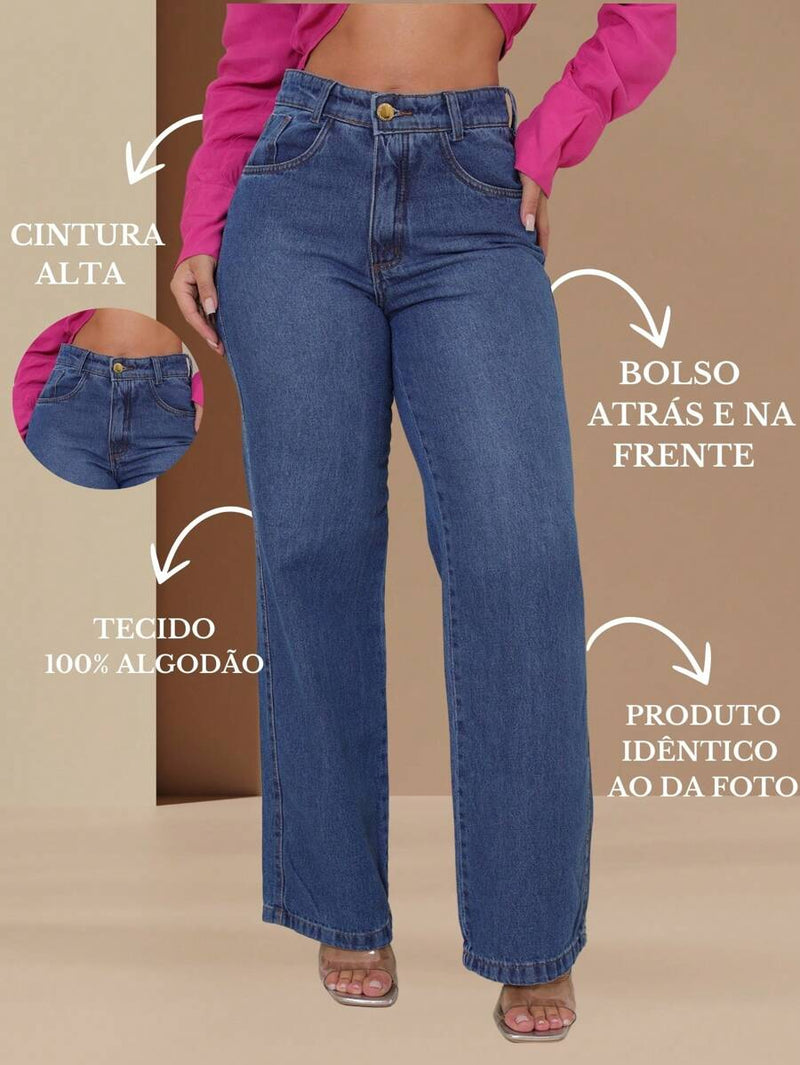 Calça Jeans Feminina Wide Leg Tecido 100% Jeans Cintura Alta Na Promoção