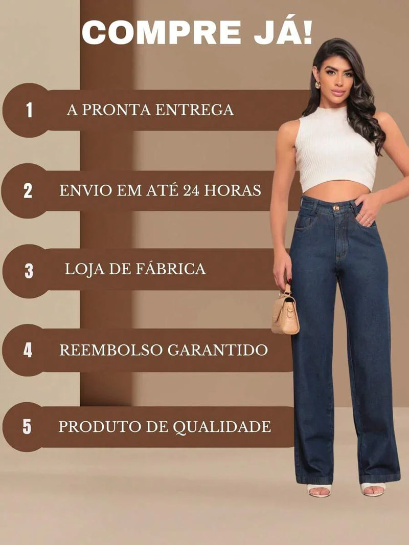 Calça Jeans Feminina Wide Leg Tecido 100% Jeans Cintura Alta Na Promoção