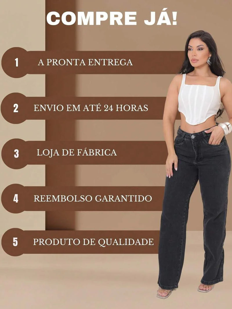 Calça Jeans Feminina Wide Leg Tecido 100% Jeans Cintura Alta Na Promoção