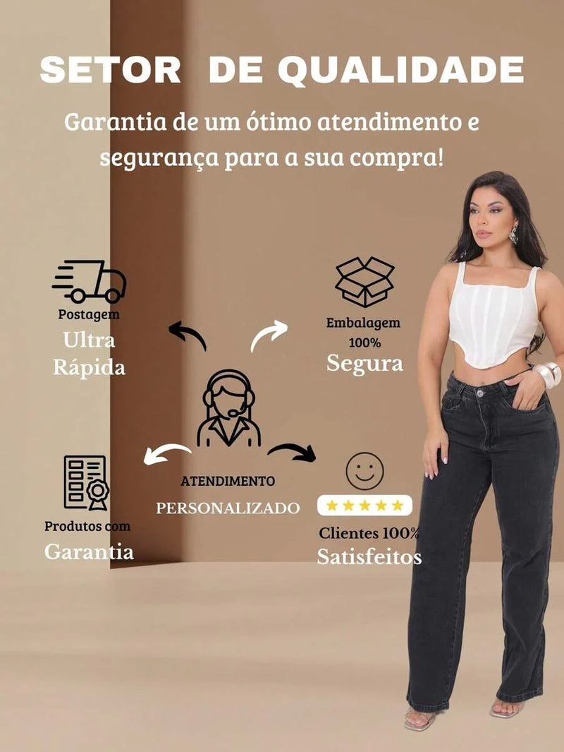 Calça Jeans Feminina Wide Leg Tecido 100% Jeans Cintura Alta Na Promoção