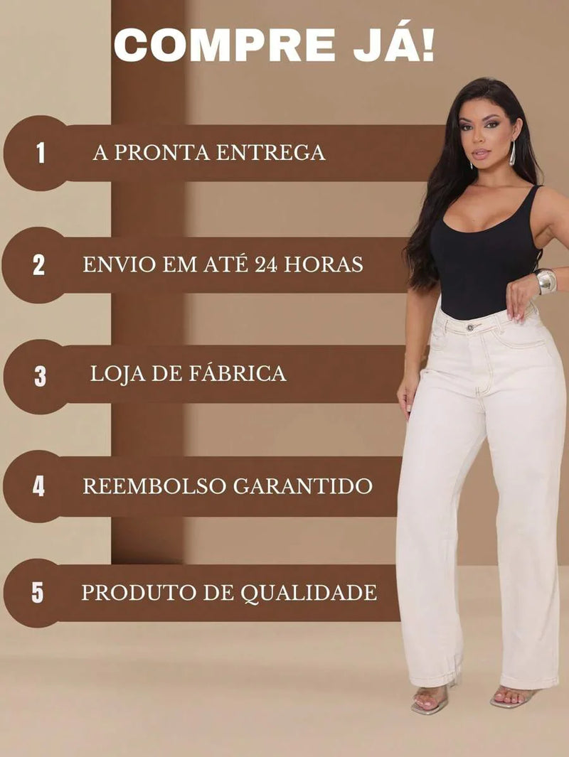 Calça Jeans Feminina Wide Leg Tecido 100% Jeans Cintura Alta Na Promoção