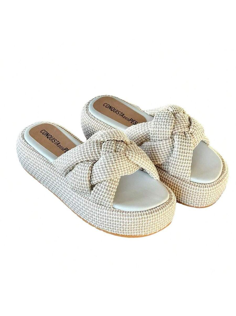 Sandália Flat Feminina Palha Acolchoada Trançada Moda Estilosa, Sandalia rasteira feminina amarração