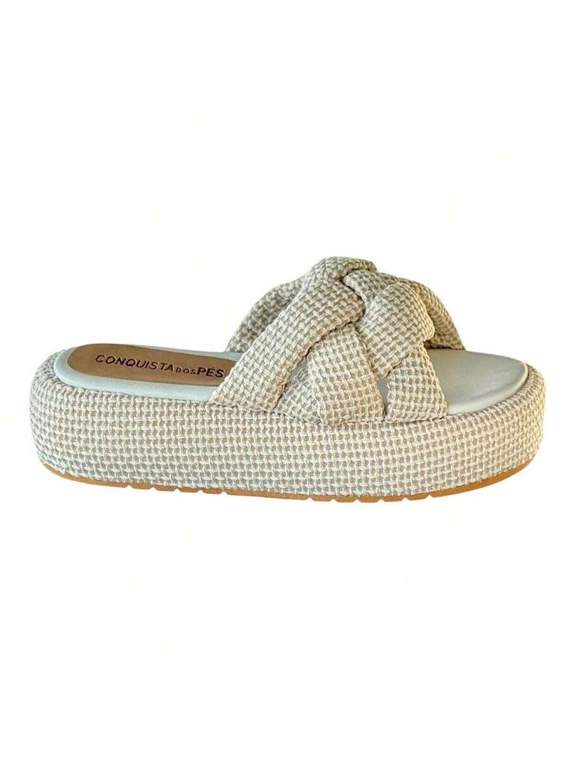 Sandália Flat Feminina Palha Acolchoada Trançada Moda Estilosa, Sandalia rasteira feminina amarração