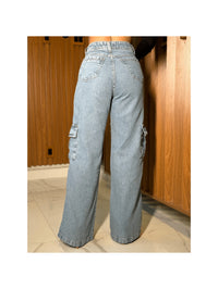 Calça Wide  Cargo Jeans Feminina Moda Street Premium 100% Algodão BOLSO