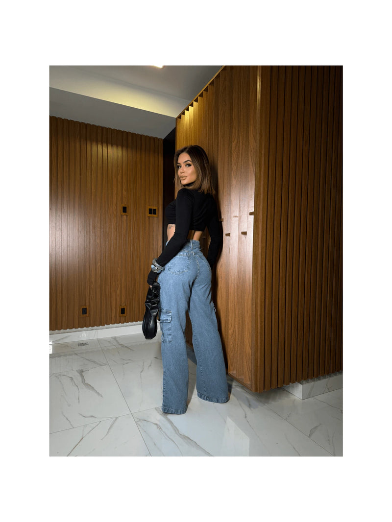 Calça Wide  Cargo Jeans Feminina Moda Street Premium 100% Algodão BOLSO