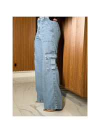 Calça Wide  Cargo Jeans Feminina Moda Street Premium 100% Algodão BOLSO