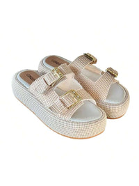 Sandália Birken Tamanco Flat Fivelas Estilosa Feminina Palha, Papete com fivela