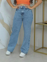 Calça Wide Leg Pantalona Jeans Feminina Cintura Alta Levanta Bumbum
