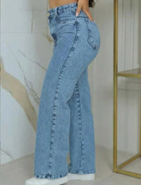 Calça Wide Leg Pantalona Jeans Feminina Cintura Alta Levanta Bumbum