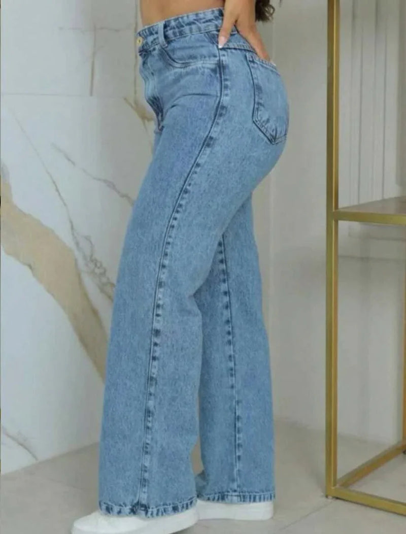 Calça Wide Leg Pantalona Jeans Feminina Cintura Alta Levanta Bumbum