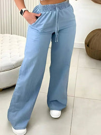 Calça Jeans Pantalona Feminina Elástico na cintura Tecido Leve Cintura alta Cordão