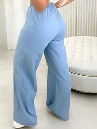 Calça Jeans Pantalona Feminina Elástico na cintura Tecido Leve Cintura alta Cordão