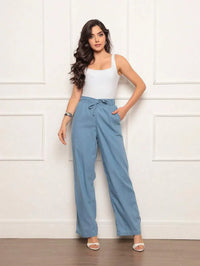 Calça Jeans Pantalona Feminina Elástico na cintura Tecido Leve Cintura alta Cordão