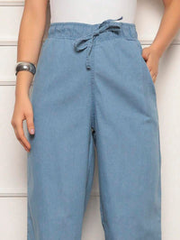 Calça Jeans Pantalona Feminina Elástico na cintura Tecido Leve Cintura alta Cordão