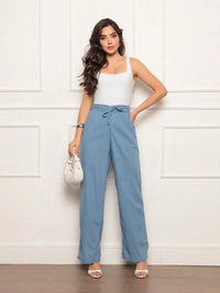 Calça Jeans Pantalona Feminina Elástico na cintura Tecido Leve Cintura alta Cordão