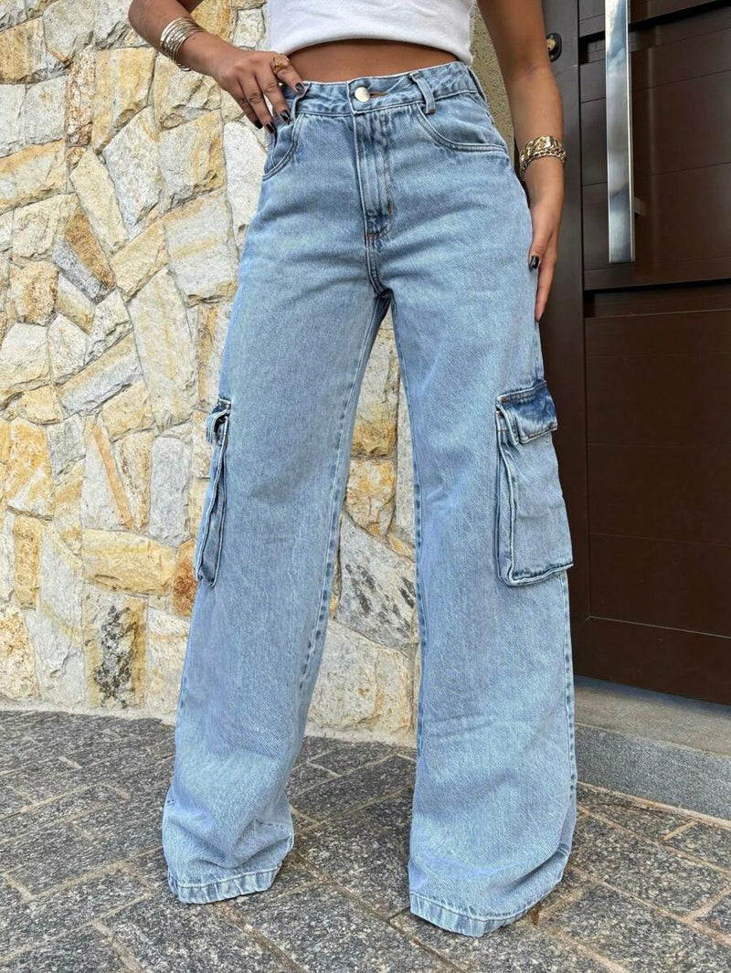 Calça Wide Leg Cargo Jeans Calça bolso fofu Feminina Moda Street Tecido Algodão Premium LANÇAMENTO  elegante  Casual    Jeans    wide leg